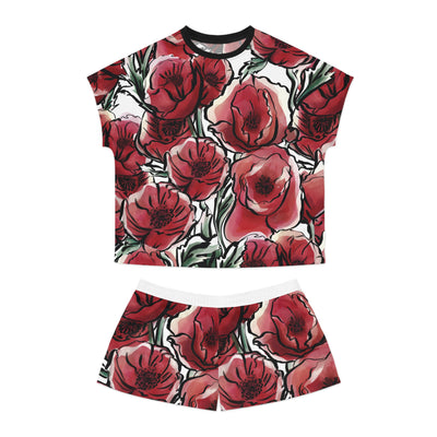 DARK RED LAVISH BLOSSOMS Women's Short Pajama Set (AOP)