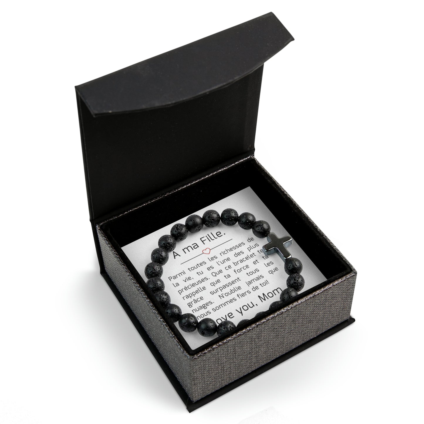 Volcanic Cross Beads Bracelet for daughter: Mom's Precious French Message Edition