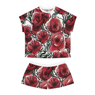 DARK RED LAVISH BLOSSOMS Women's Short Pajama Set (AOP)