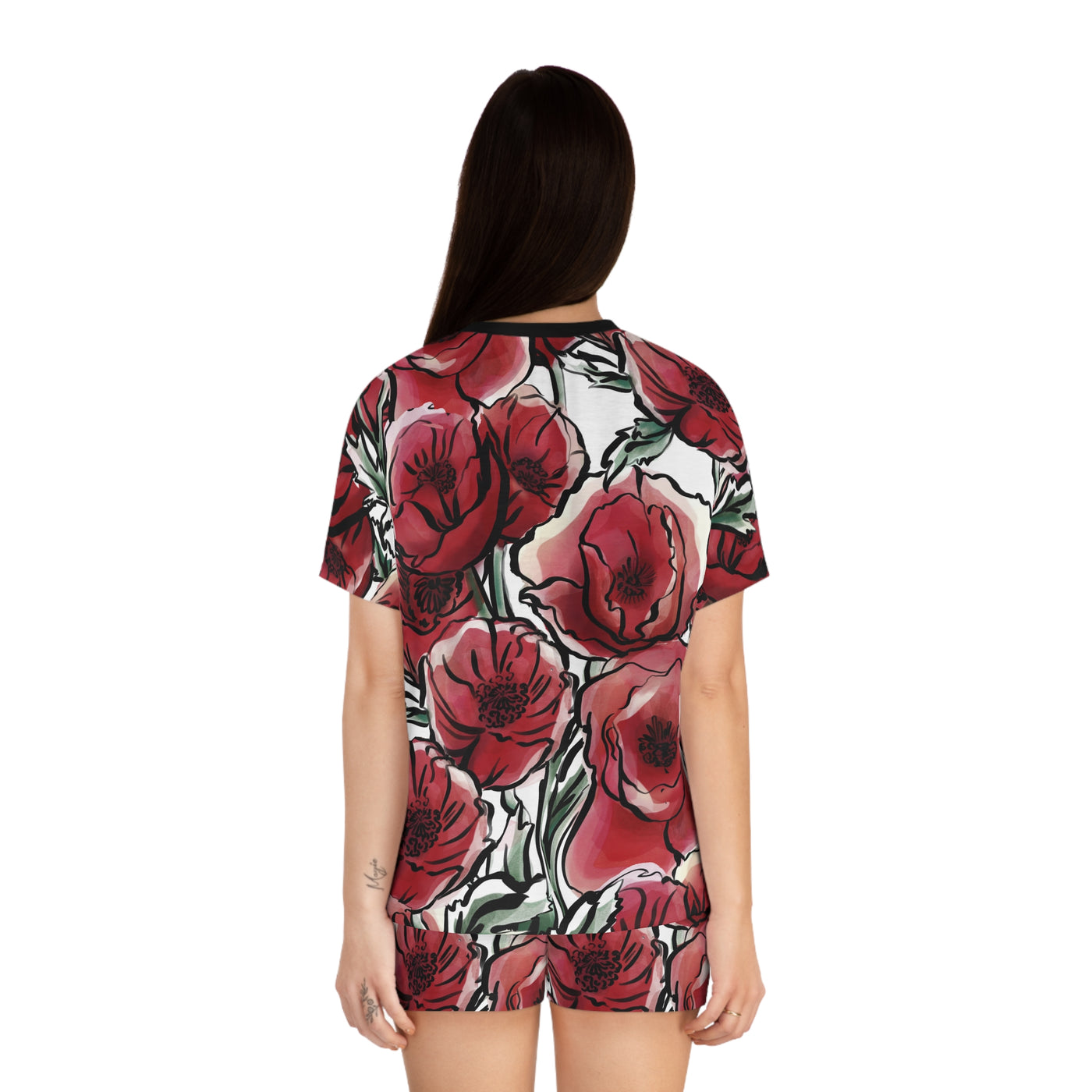 DARK RED LAVISH BLOSSOMS Women's Short Pajama Set (AOP)