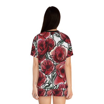 DARK RED LAVISH BLOSSOMS Women's Short Pajama Set (AOP)