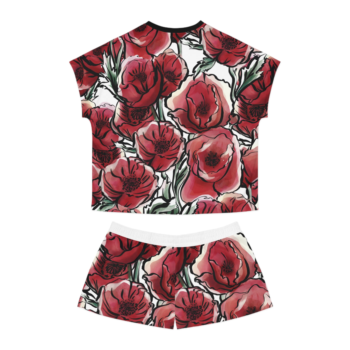 DARK RED LAVISH BLOSSOMS Women's Short Pajama Set (AOP)