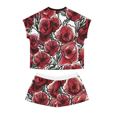 DARK RED LAVISH BLOSSOMS Women's Short Pajama Set (AOP)