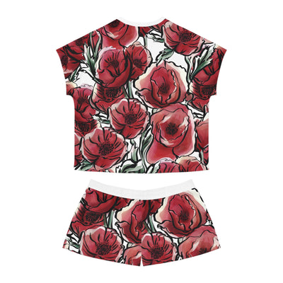 DARK RED LAVISH BLOSSOMS Women's Short Pajama Set (AOP)