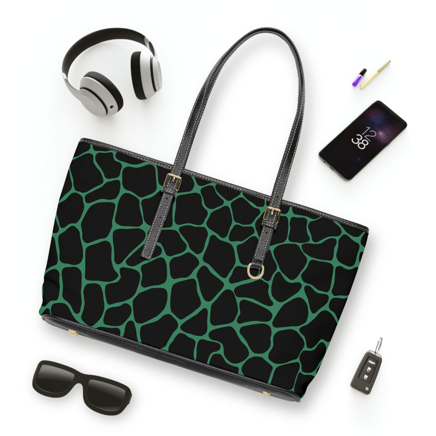 CHIC BLACK & GREEN PRINT PU Leather Shoulder Weekender Tote Bag