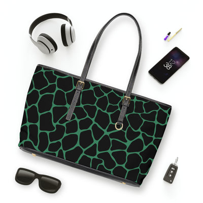 CHIC BLACK & GREEN PRINT PU Leather Shoulder Weekender Tote Bag