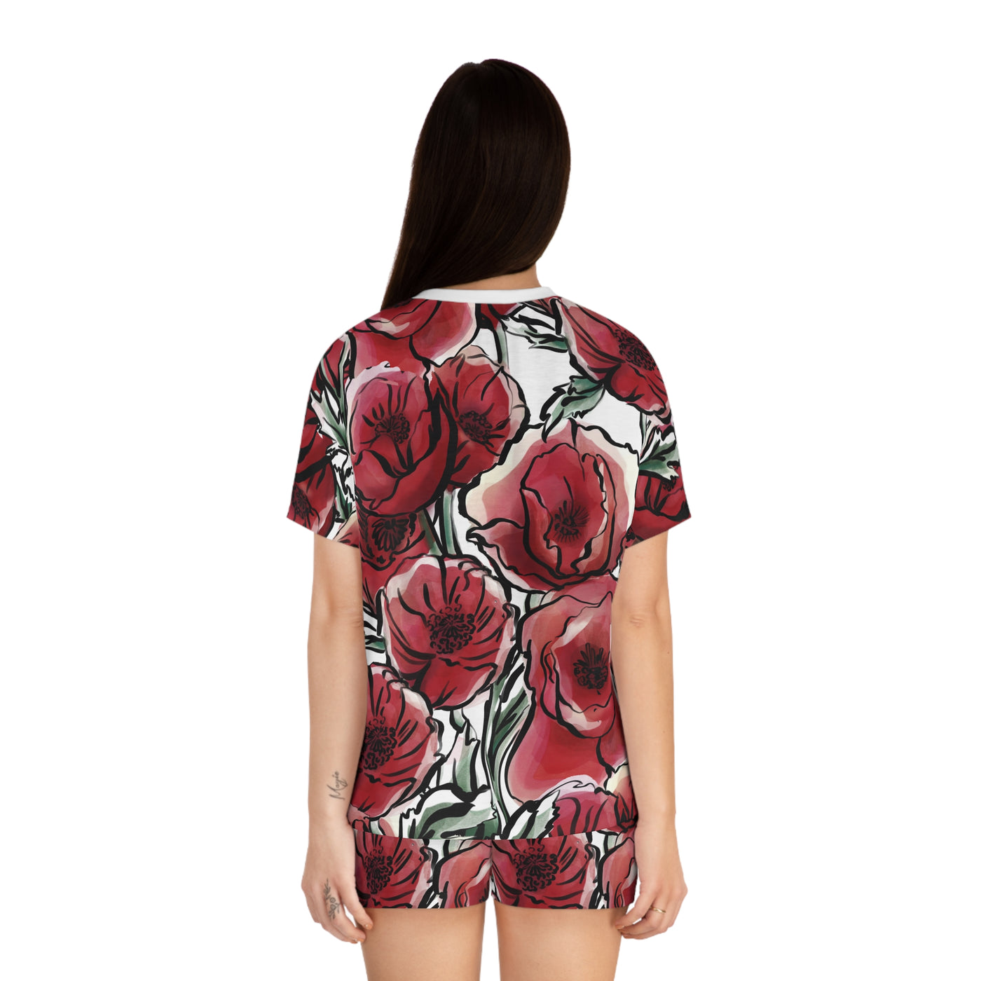 DARK RED LAVISH BLOSSOMS Women's Short Pajama Set (AOP)