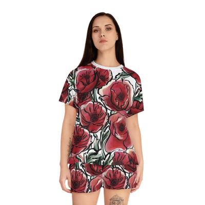 DARK RED LAVISH BLOSSOMS Women's Short Pajama Set (AOP)