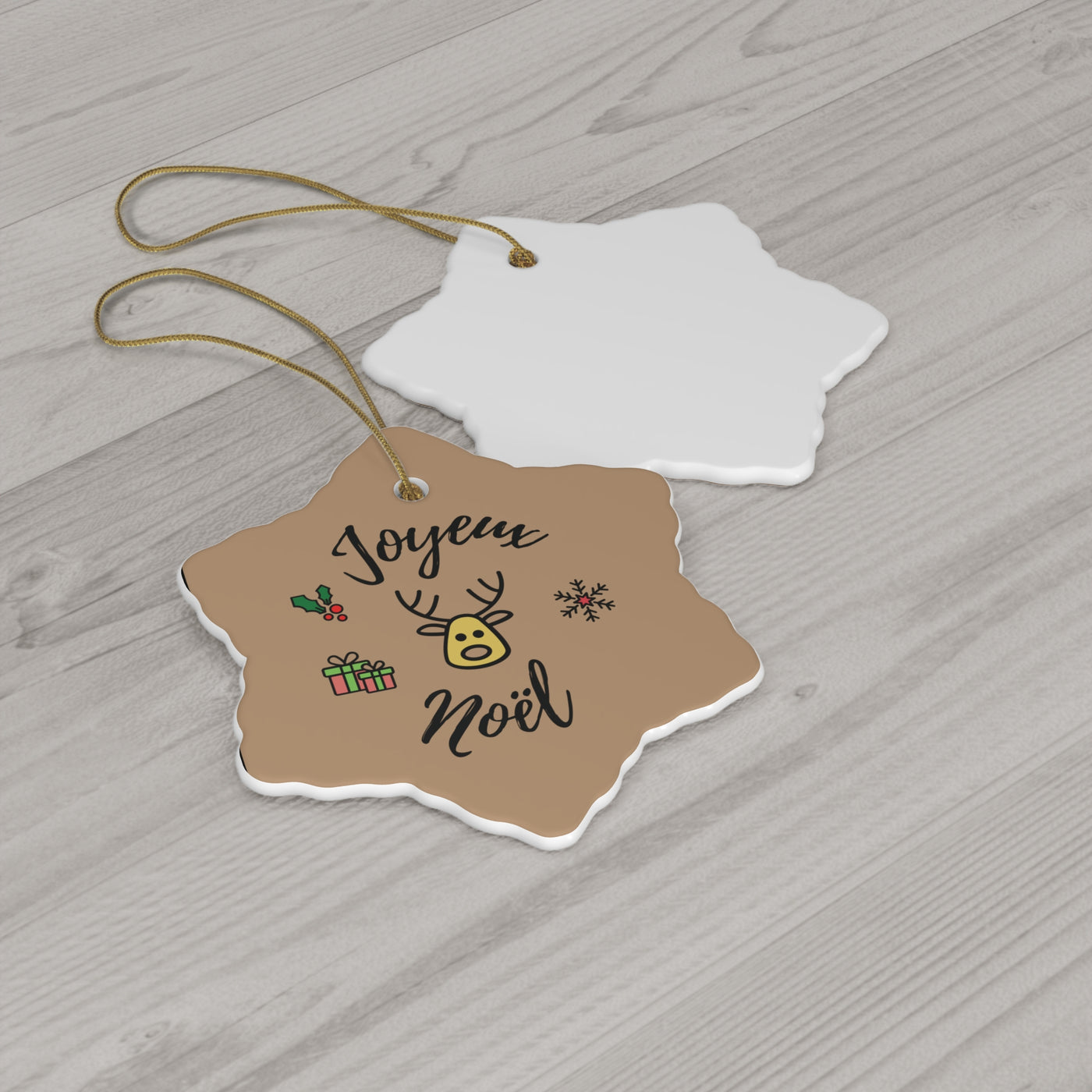 Joyeux Noel Reindeer Ceramic Ornament, 2 Shapes