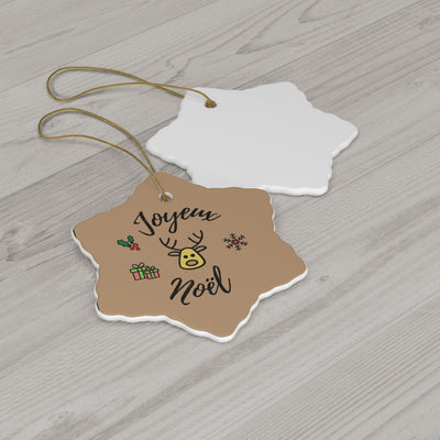 Joyeux Noel Reindeer Ceramic Ornament, 2 Shapes