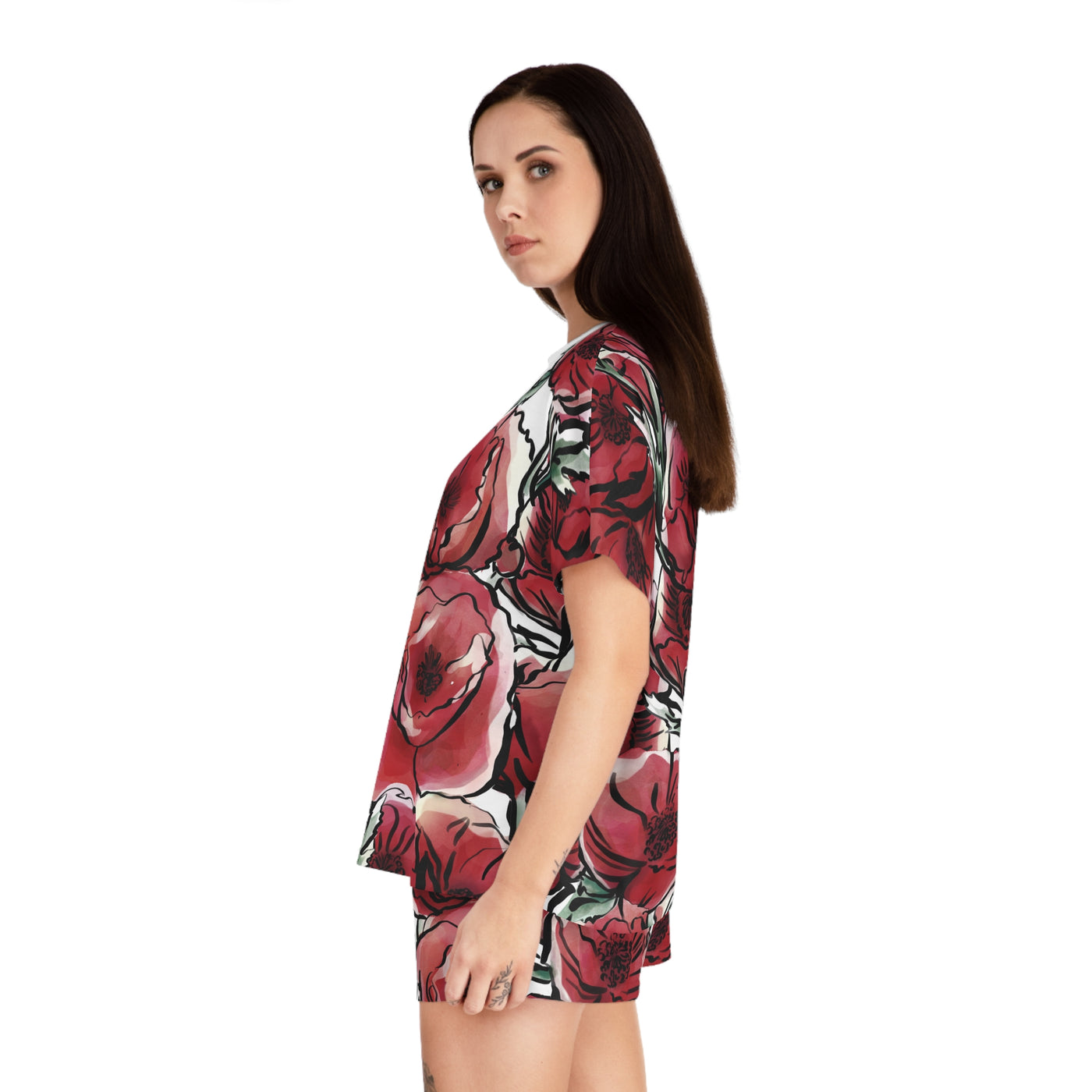 DARK RED LAVISH BLOSSOMS Women's Short Pajama Set (AOP)