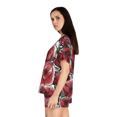 DARK RED LAVISH BLOSSOMS Women's Short Pajama Set (AOP)