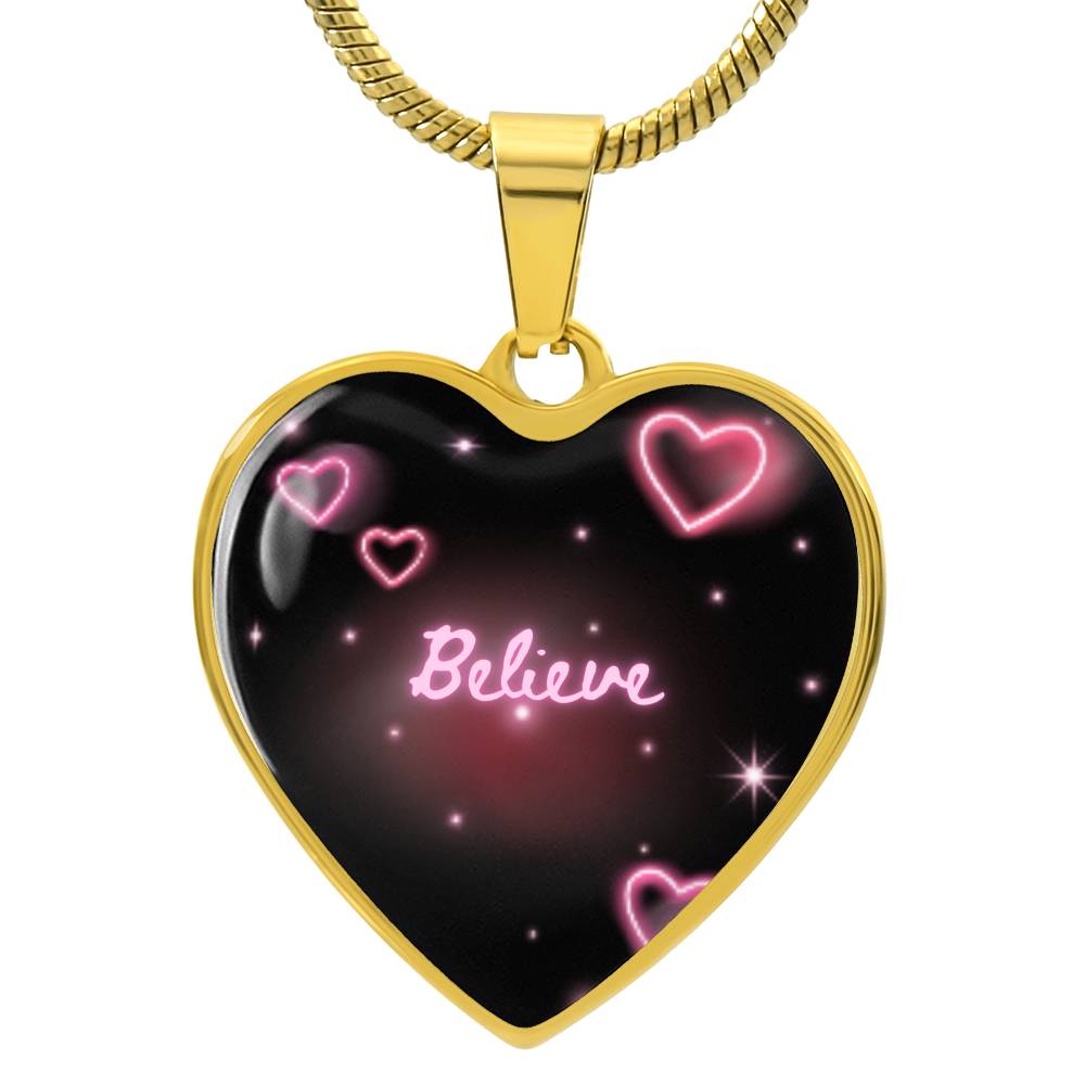 Pink Shimmer Believe Graphic Heart Pendant. Back is yours to personalize!