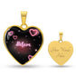 Pink Shimmer Believe Graphic Heart Pendant. Back is yours to personalize!