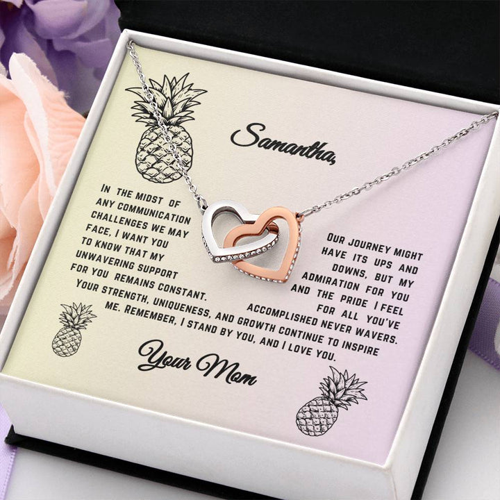 Interlocking heart necklace and a personnal Message That Unites Hearts, No Matter the Distance. For daughter or friend!
