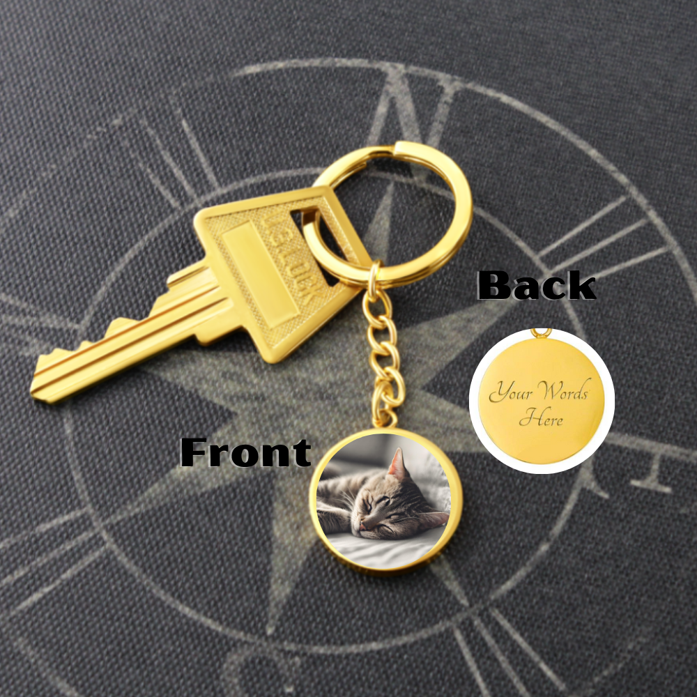 Circle photo Keychain with your photo and your engraved message!