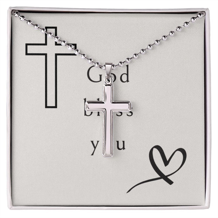 "God Bless You" Stainless Cross Necklace with Ball Chain
