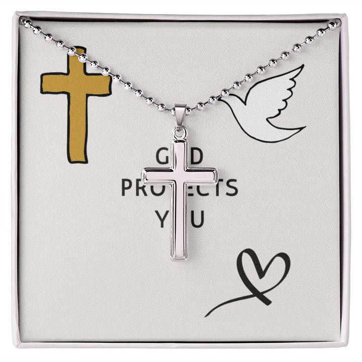 "God protects you" Stainless Cross Necklace with Ball Chain