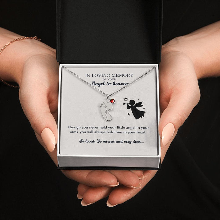 In loving memory of your angel in heaven - Engraved Baby Feet Necklace